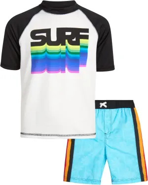 iXtreme Boys Rash Guard Set - 2 Piece UPF50  Sun Protection Quick Dry Short Sleeve Swim Shirt & Swim Trunks for Boys (12M-14)
