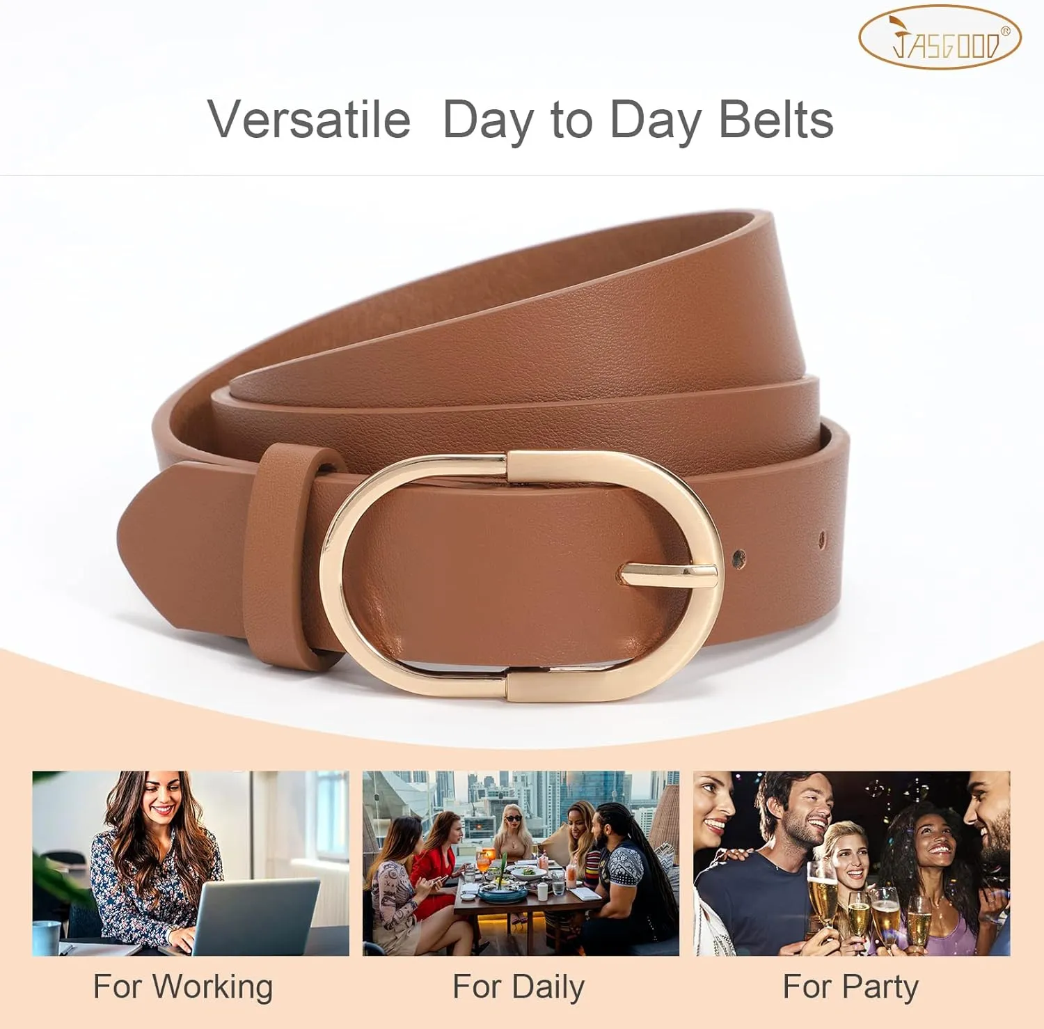 JASGOOD Womens Leather Belts for Jeans Pants Fashion Ladies Belt with Gold Buckle