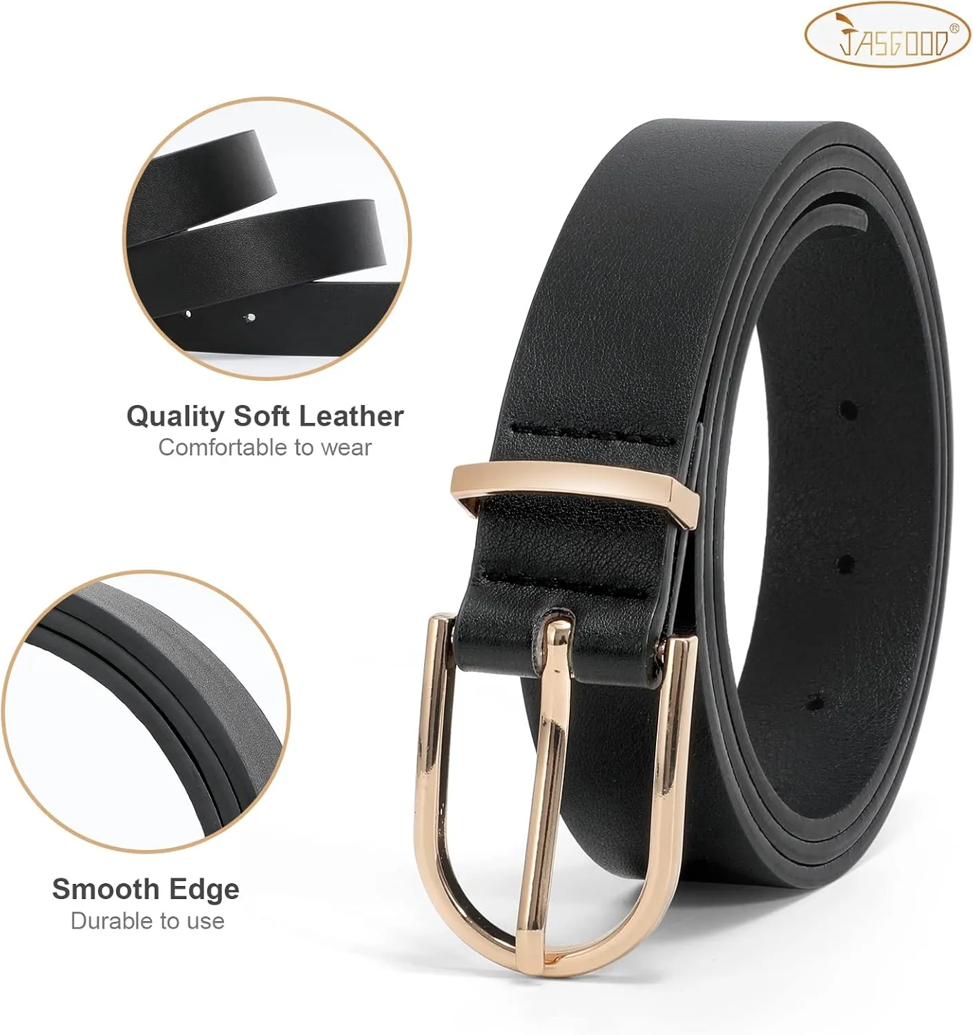 JASGOOD Womens Leather Belts for Jeans Pants Fashion Ladies Belt with Gold Buckle