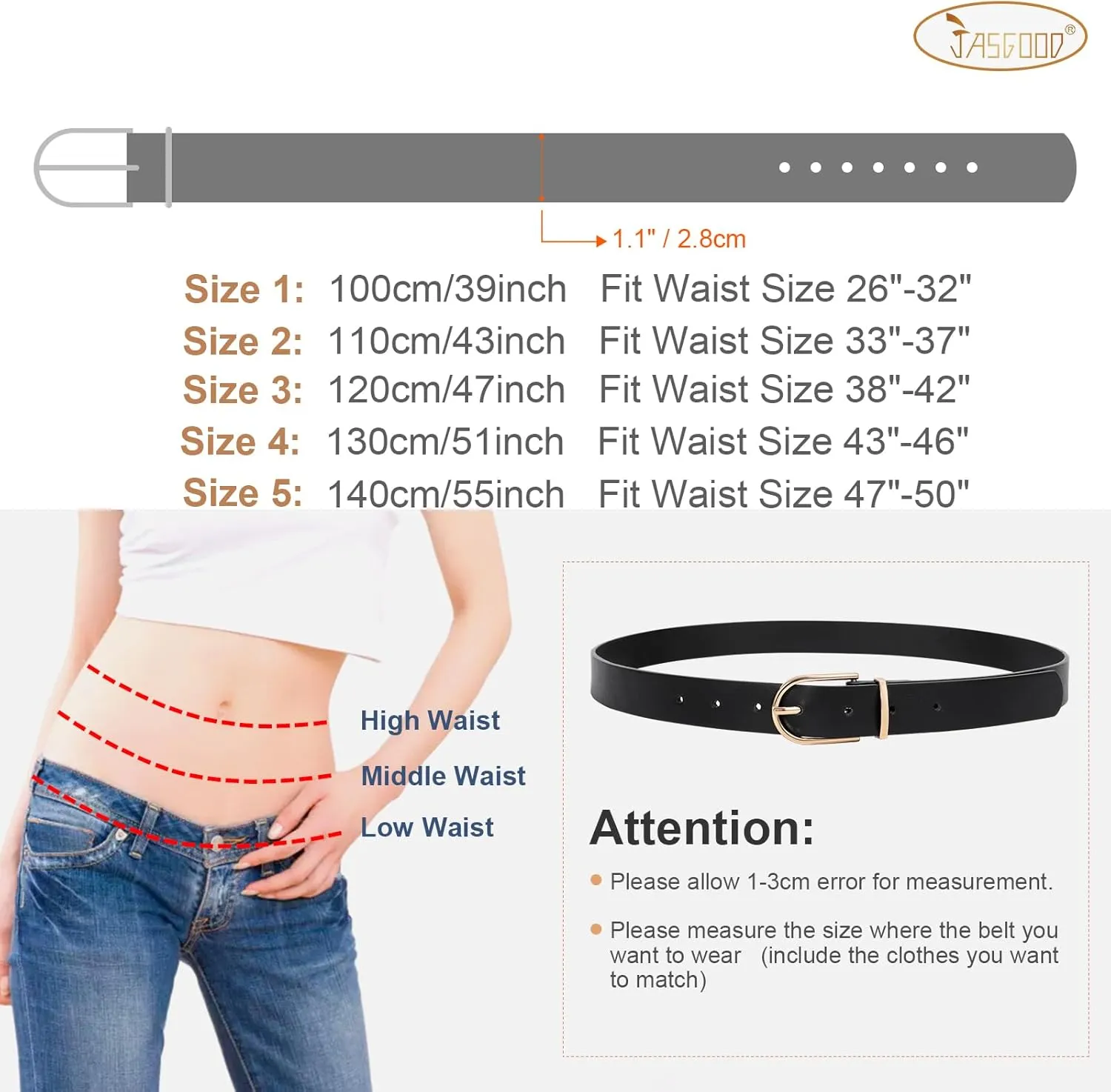 JASGOOD Womens Leather Belts for Jeans Pants Fashion Ladies Belt with Gold Buckle