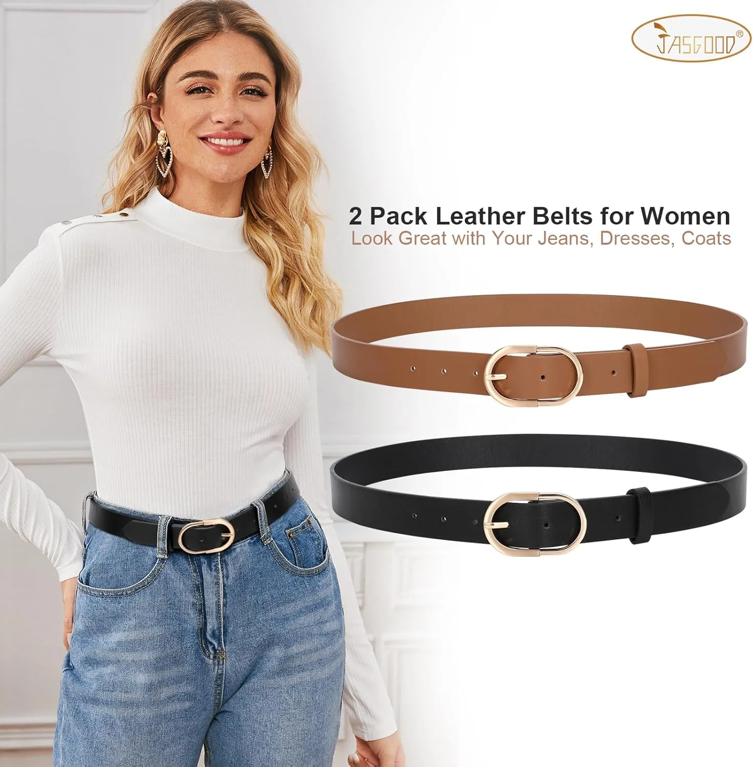 JASGOOD Womens Leather Belts for Jeans Pants Fashion Ladies Belt with Gold Buckle