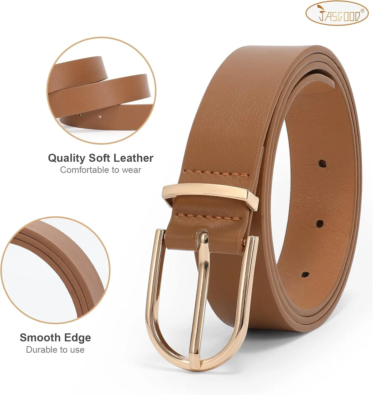 JASGOOD Womens Leather Belts for Jeans Pants Fashion Ladies Belt with Gold Buckle