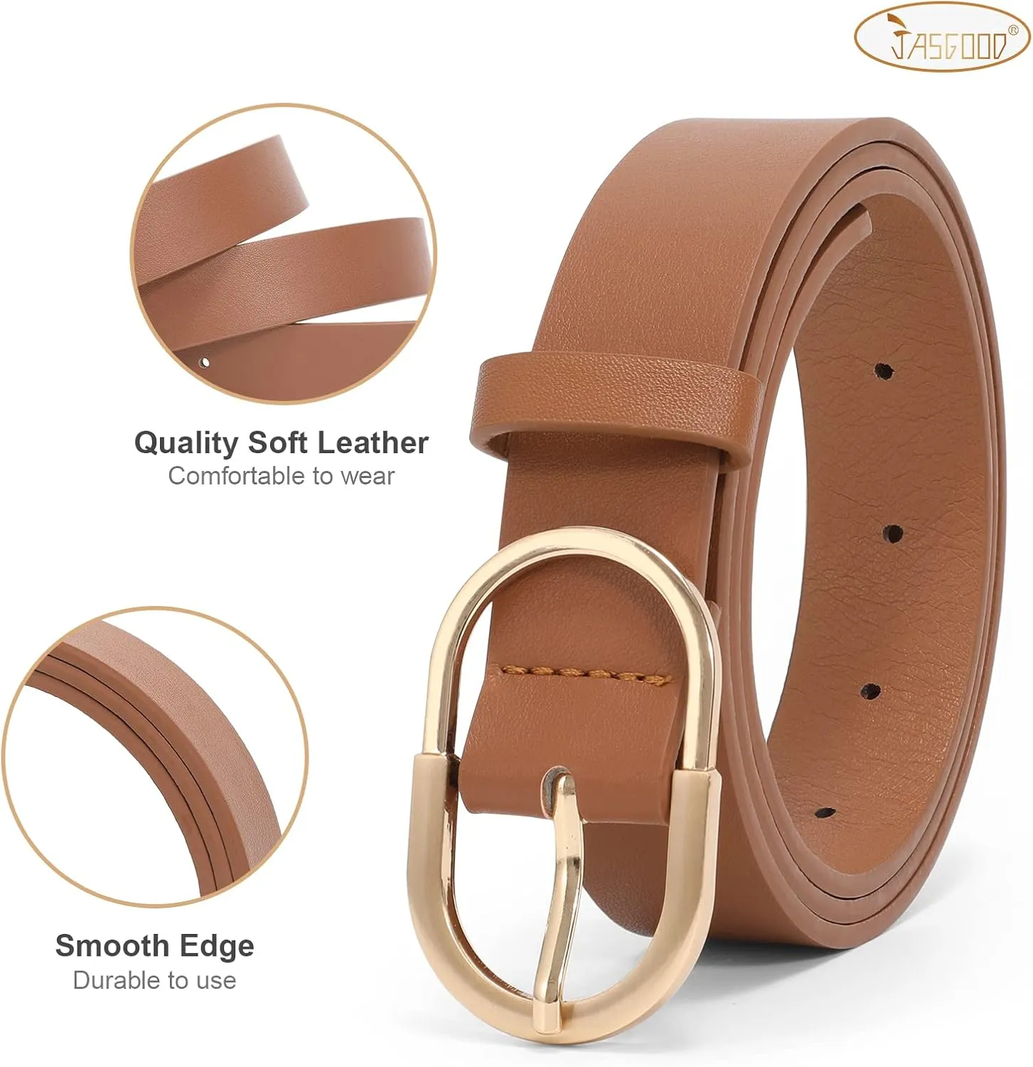 JASGOOD Womens Leather Belts for Jeans Pants Fashion Ladies Belt with Gold Buckle