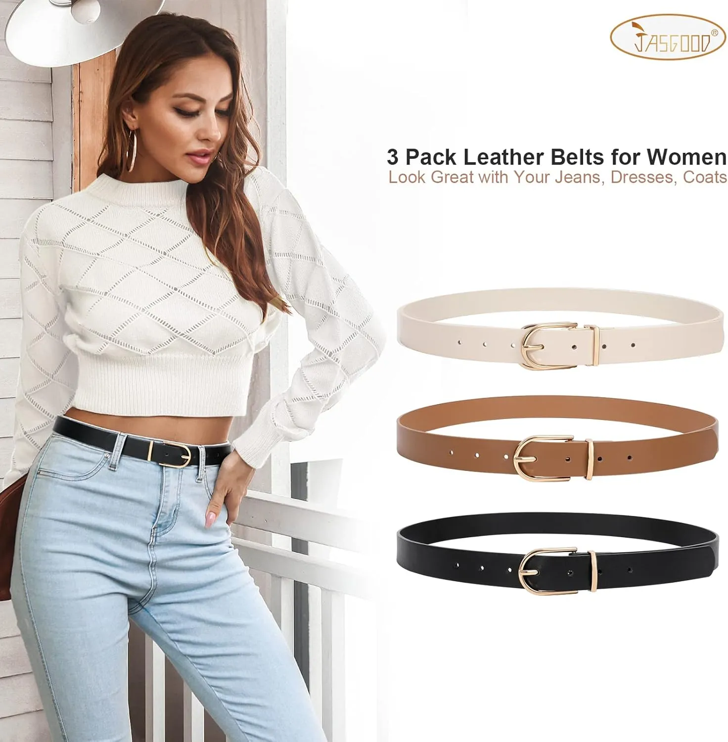 JASGOOD Womens Leather Belts for Jeans Pants Fashion Ladies Belt with Gold Buckle