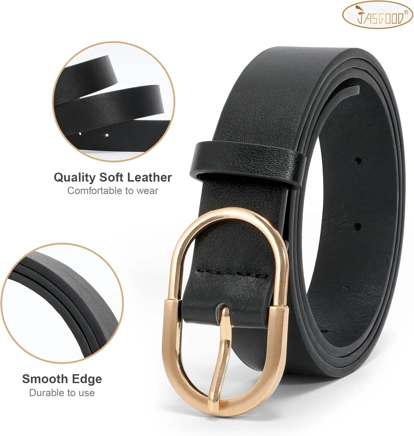 JASGOOD Womens Leather Belts for Jeans Pants Fashion Ladies Belt with Gold Buckle