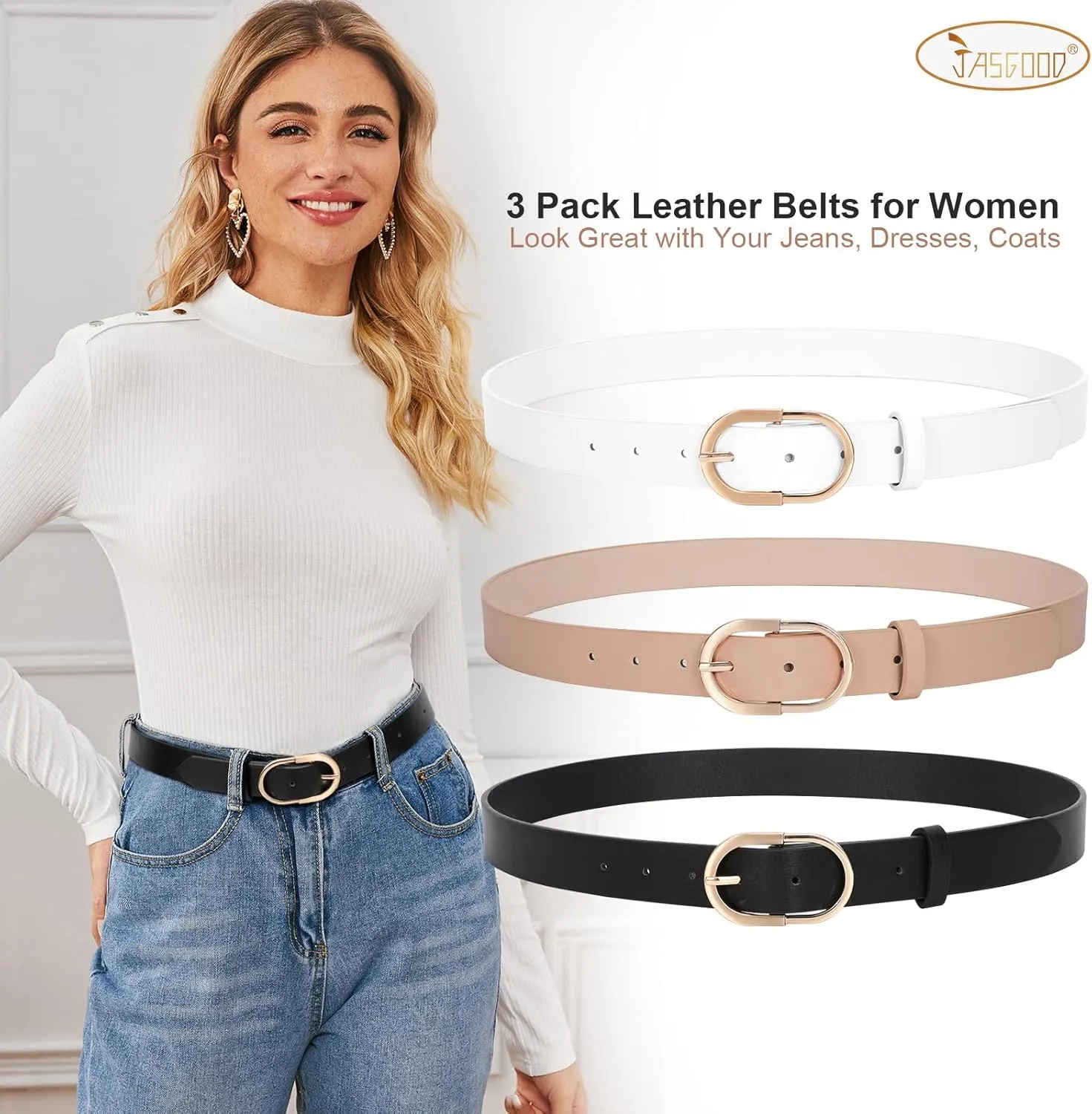 JASGOOD Womens Leather Belts for Jeans Pants Fashion Ladies Belt with Gold Buckle