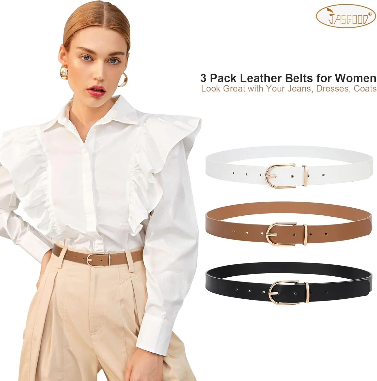 JASGOOD Womens Leather Belts for Jeans Pants Fashion Ladies Belt with Gold Buckle