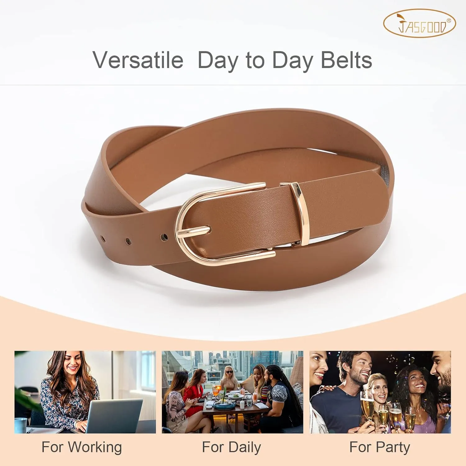 JASGOOD Womens Leather Belts for Jeans Pants Fashion Ladies Belt with Gold Buckle