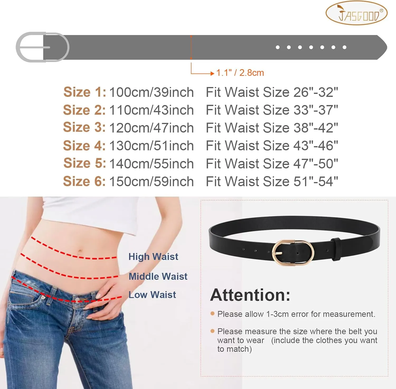 JASGOOD Womens Leather Belts for Jeans Pants Fashion Ladies Belt with Gold Buckle