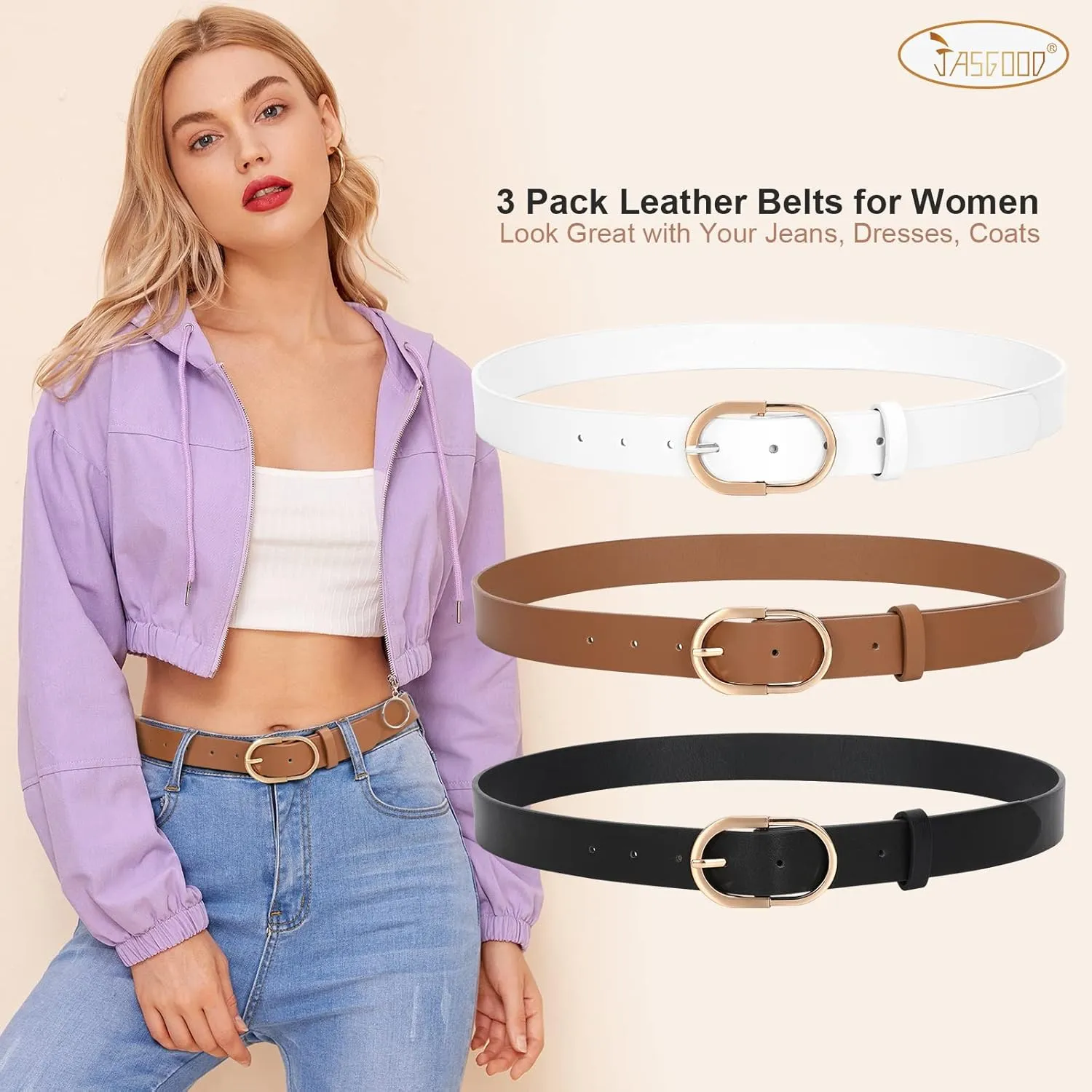 JASGOOD Womens Leather Belts for Jeans Pants Fashion Ladies Belt with Gold Buckle