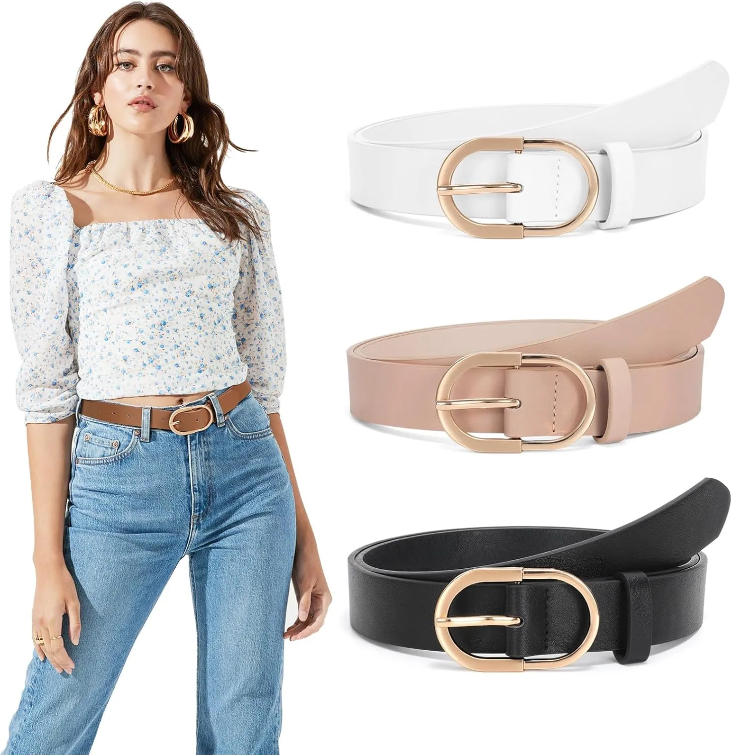 JASGOOD Womens Leather Belts for Jeans Pants Fashion Ladies Belt with Gold Buckle