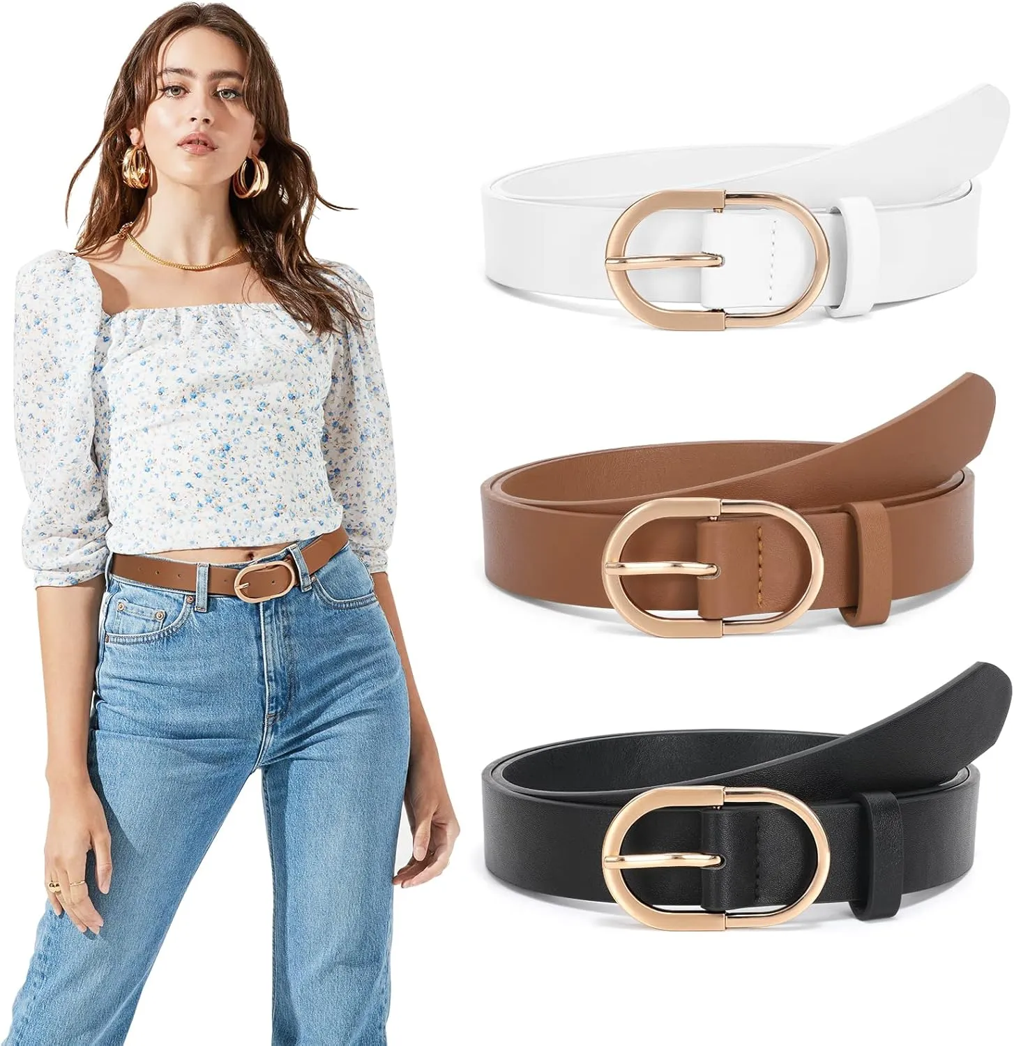 JASGOOD Womens Leather Belts for Jeans Pants Fashion Ladies Belt with Gold Buckle