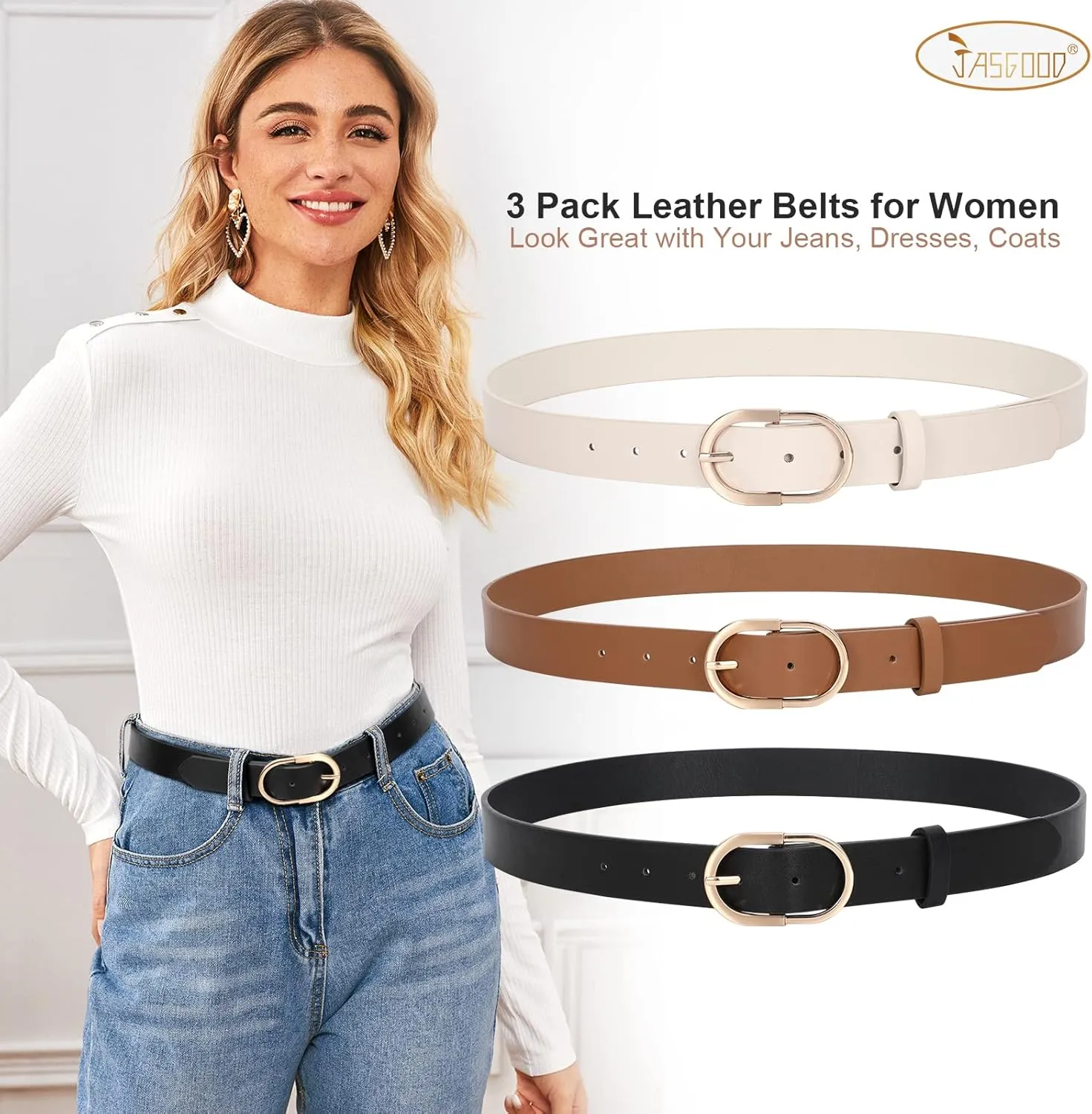 JASGOOD Womens Leather Belts for Jeans Pants Fashion Ladies Belt with Gold Buckle