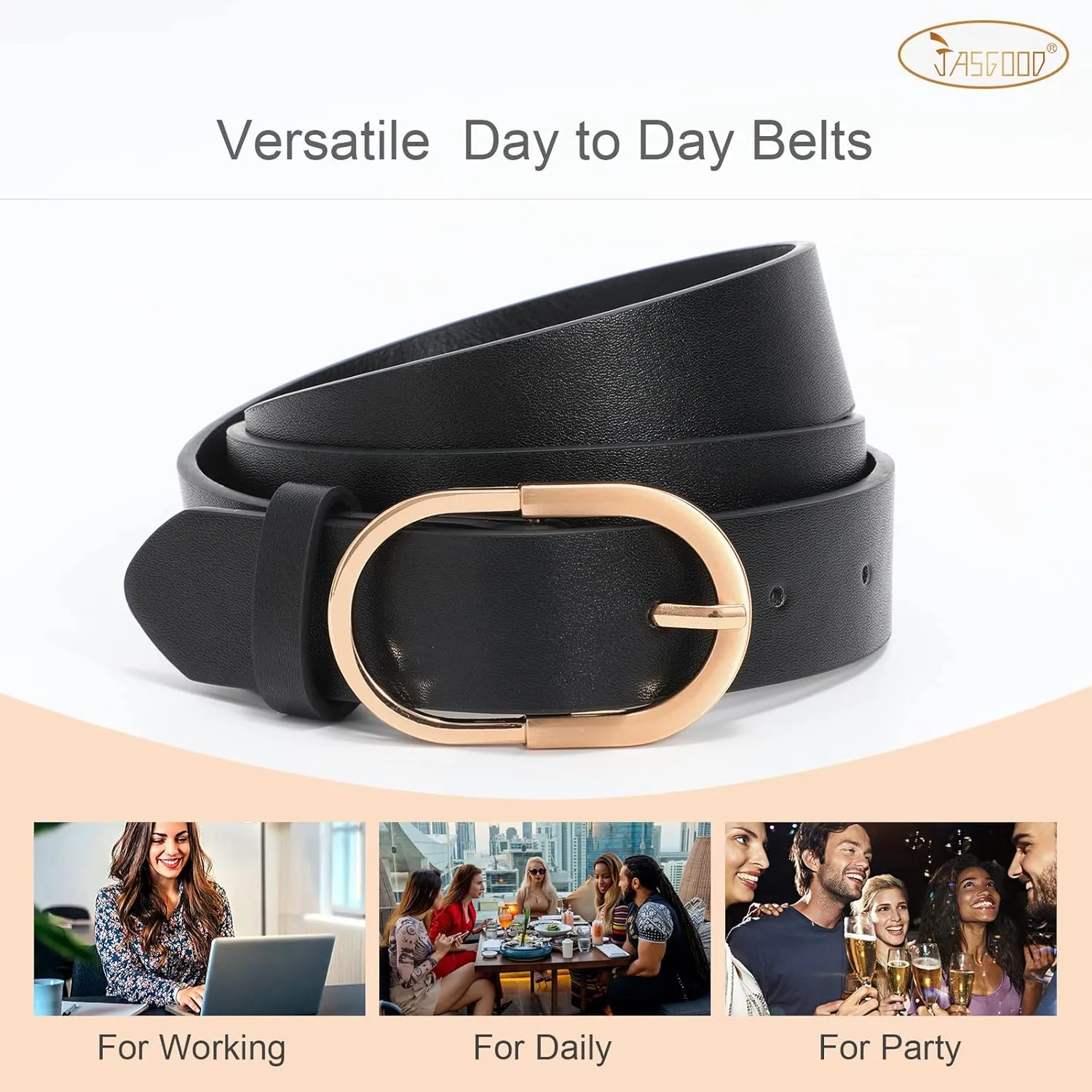 JASGOOD Womens Leather Belts for Jeans Pants Fashion Ladies Belt with Gold Buckle