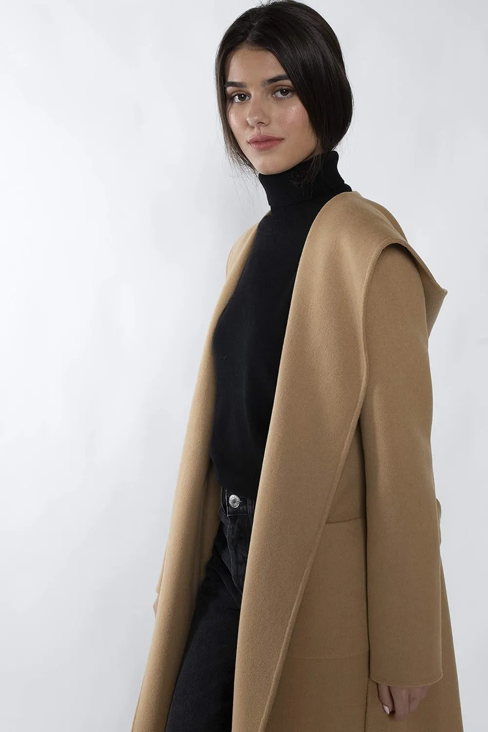 JENNIE LIU Women's Cashmere Wool Double Face Hooded Trench Coat with Belt