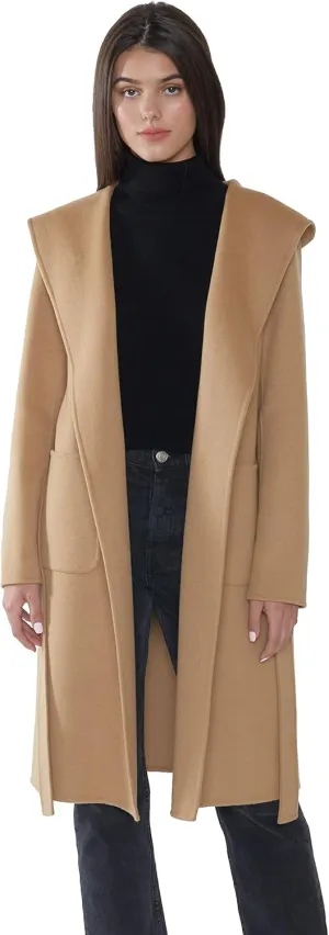 JENNIE LIU Women's Cashmere Wool Double Face Hooded Trench Coat with Belt