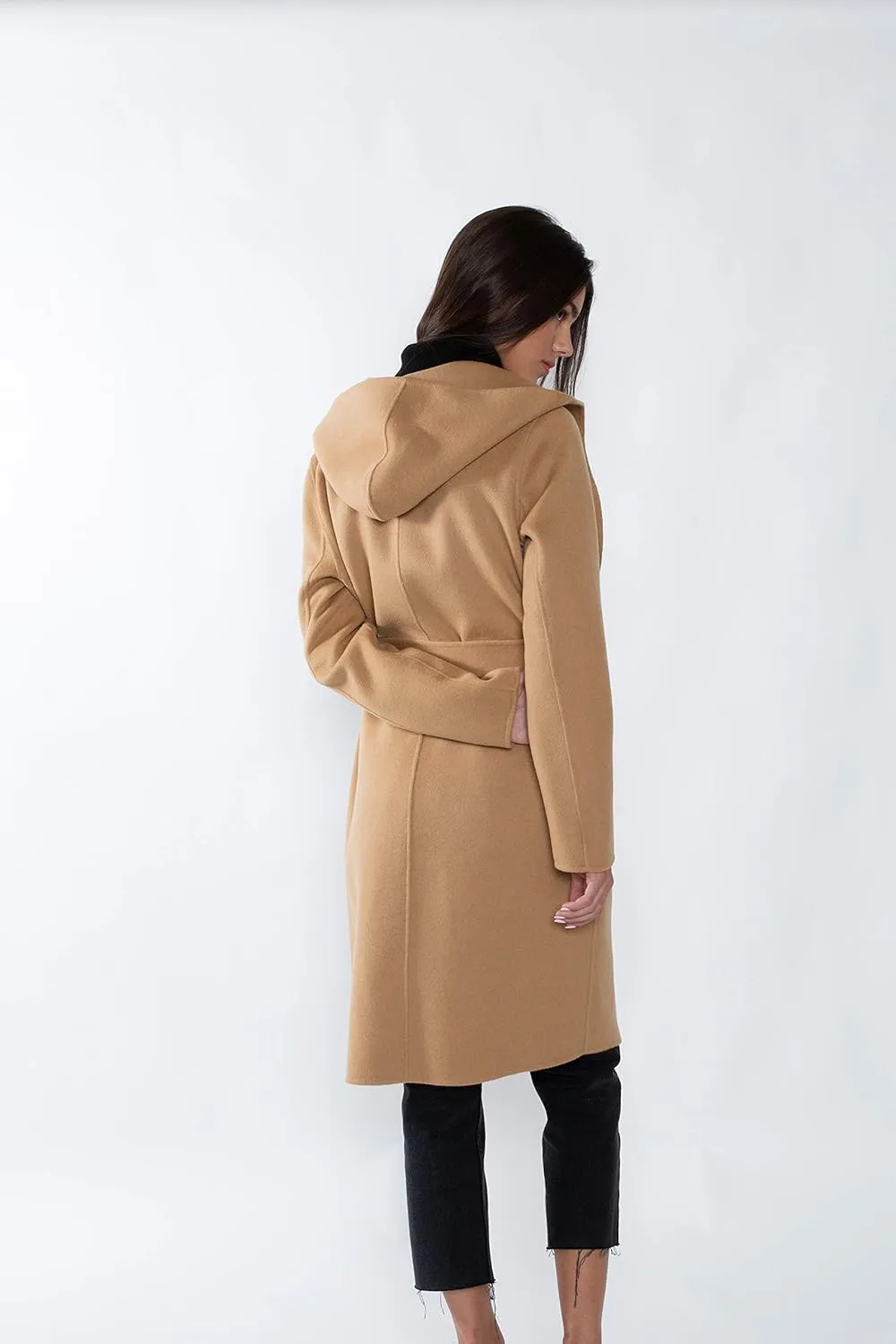 JENNIE LIU Women's Cashmere Wool Double Face Hooded Trench Coat with Belt