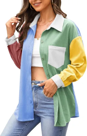 Jouica Womens 2024 Fashion Corduroy Button Down Shirts Boyfriend Long Sleeve Oversized Blouses Tops