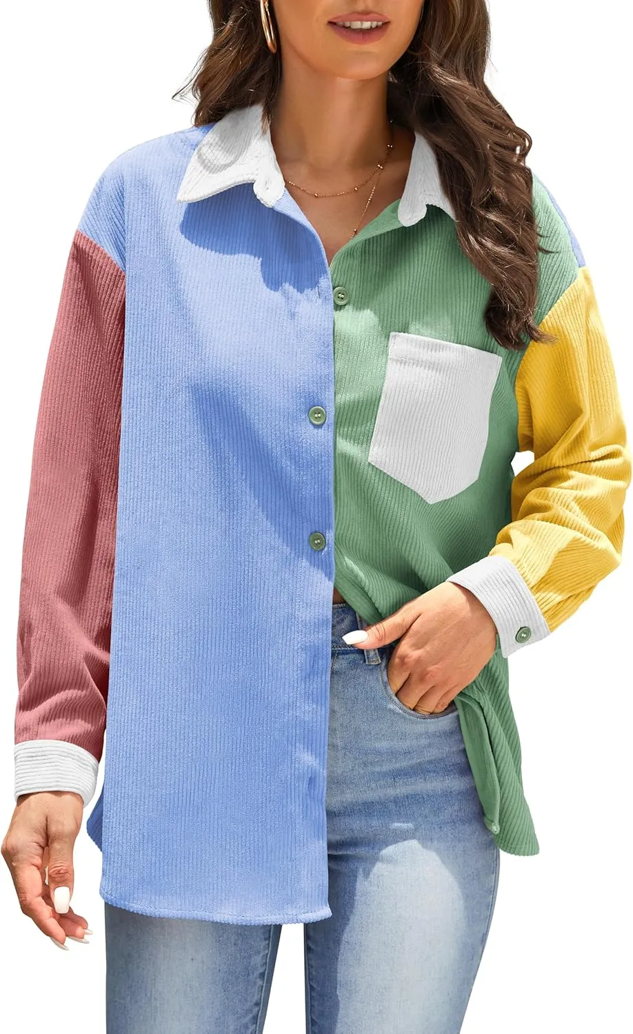 Jouica Womens 2024 Fashion Corduroy Button Down Shirts Boyfriend Long Sleeve Oversized Blouses Tops
