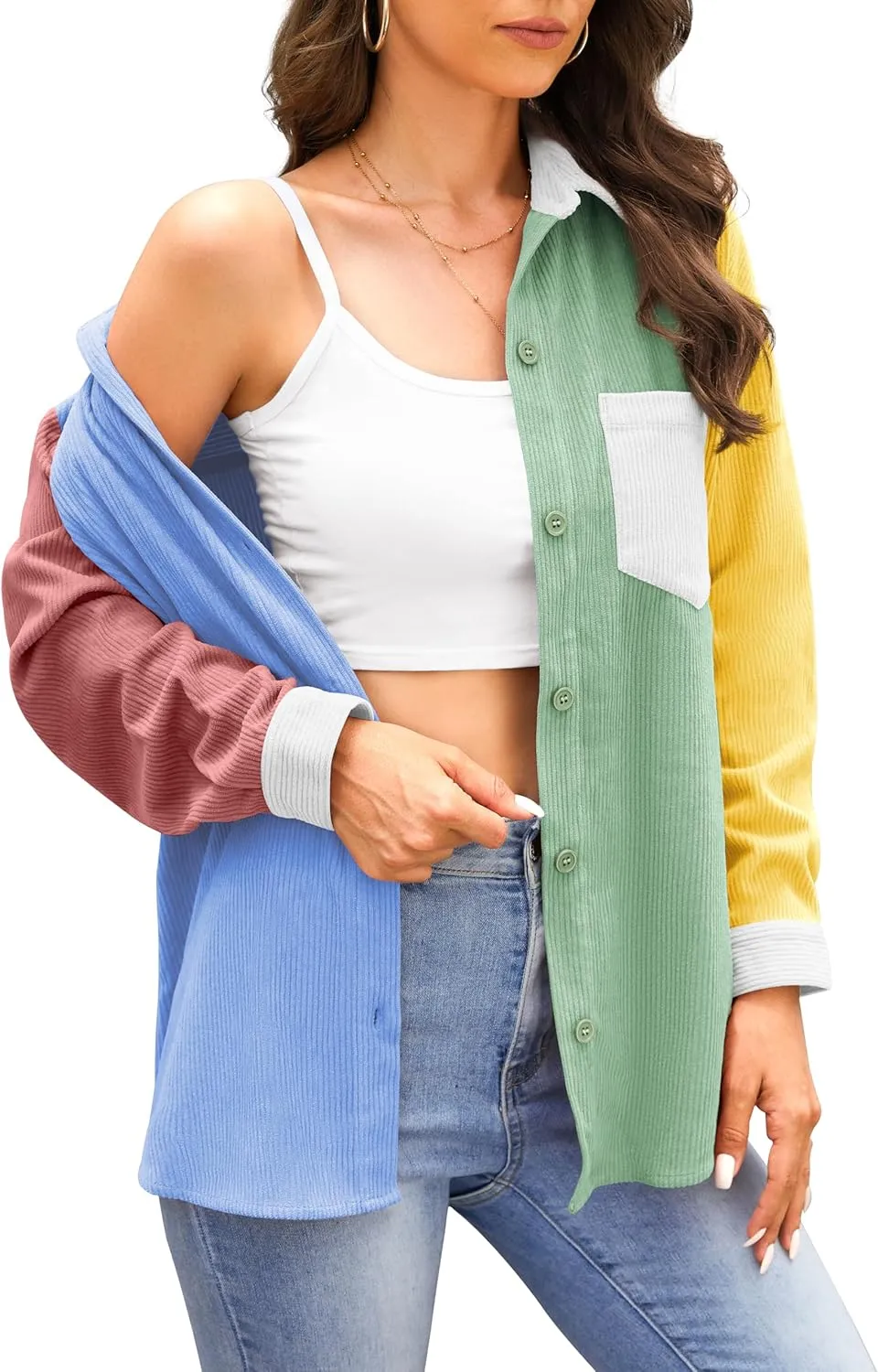 Jouica Womens 2024 Fashion Corduroy Button Down Shirts Boyfriend Long Sleeve Oversized Blouses Tops