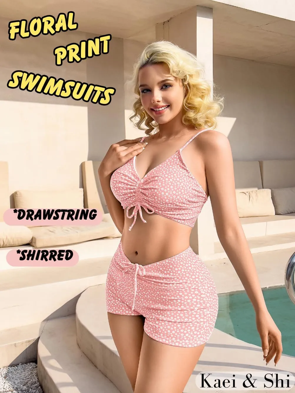 Kaei&Shi Boy Short Bikini Sets for Women,Modest Two Piece High Waisted Shorts Bikinis,Cute Floral Ruched Boyshort Swimsuits