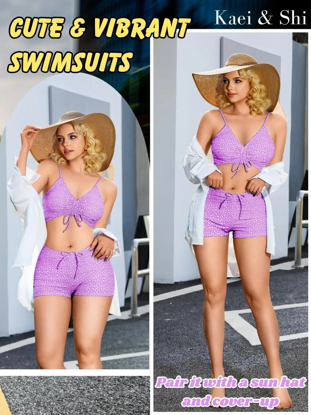 Kaei&Shi Boy Short Bikini Sets for Women,Modest Two Piece High Waisted Shorts Bikinis,Cute Floral Ruched Boyshort Swimsuits