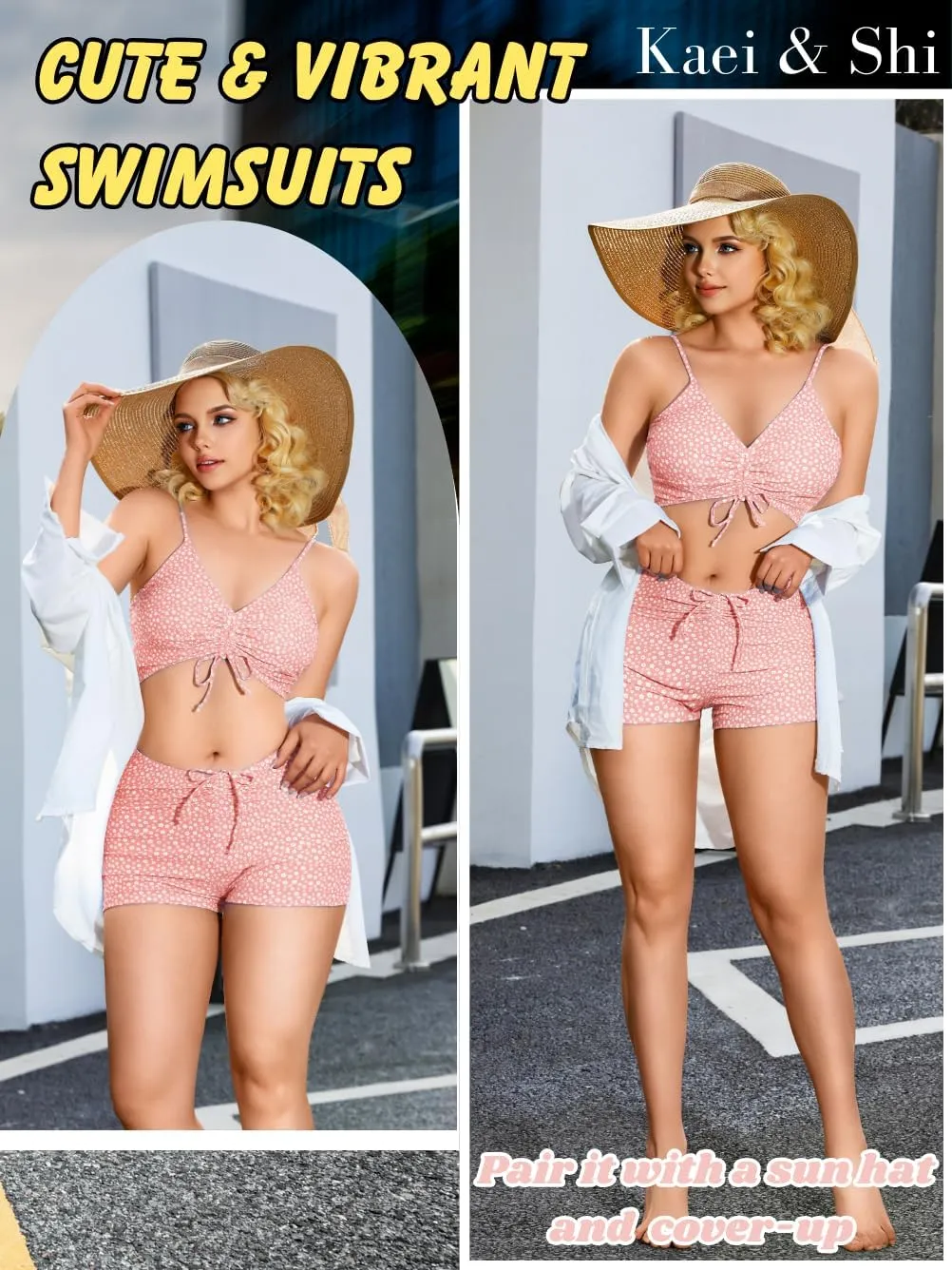 Kaei&Shi Boy Short Bikini Sets for Women,Modest Two Piece High Waisted Shorts Bikinis,Cute Floral Ruched Boyshort Swimsuits