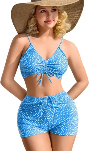 Kaei&Shi Boy Short Bikini Sets for Women,Modest Two Piece High Waisted Shorts Bikinis,Cute Floral Ruched Boyshort Swimsuits