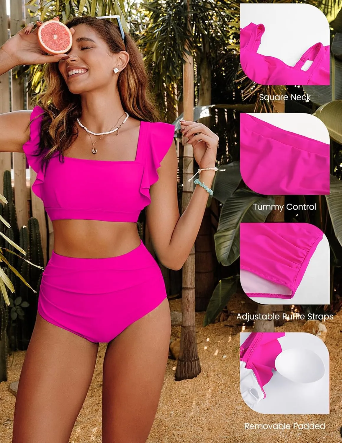 Kate Kasin Womens High Waisted Bikini Sets Ruffle Tummy Control Swimsuits Full Coverage Cheeky Two Piece Bathing Suit