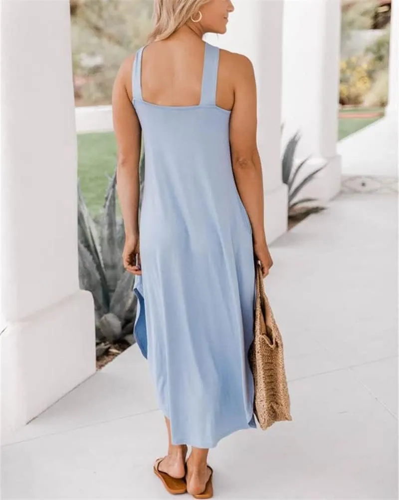 KEOMUD Women's Summer Casual Loose Criss Cross Sundress Sleeveless Split Halter Maxi Beach Dress with Pockets
