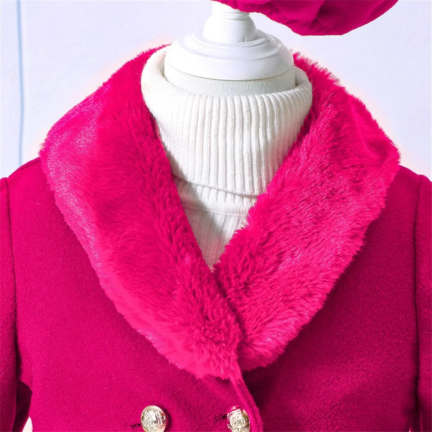 Kids Girls Trench Coat Long Sleeve Furry Collar Warm Peacoat with Beret Hat Set for Casual Wear