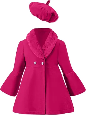 Kids Girls Trench Coat Long Sleeve Furry Collar Warm Peacoat with Beret Hat Set for Casual Wear