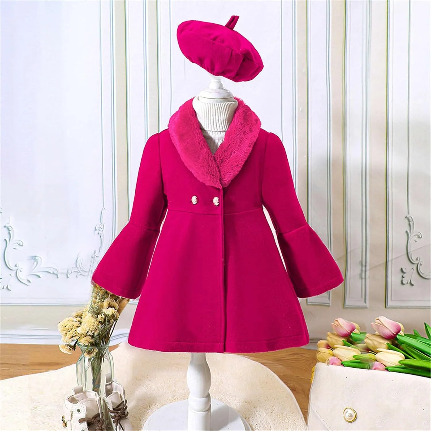 Kids Girls Trench Coat Long Sleeve Furry Collar Warm Peacoat with Beret Hat Set for Casual Wear