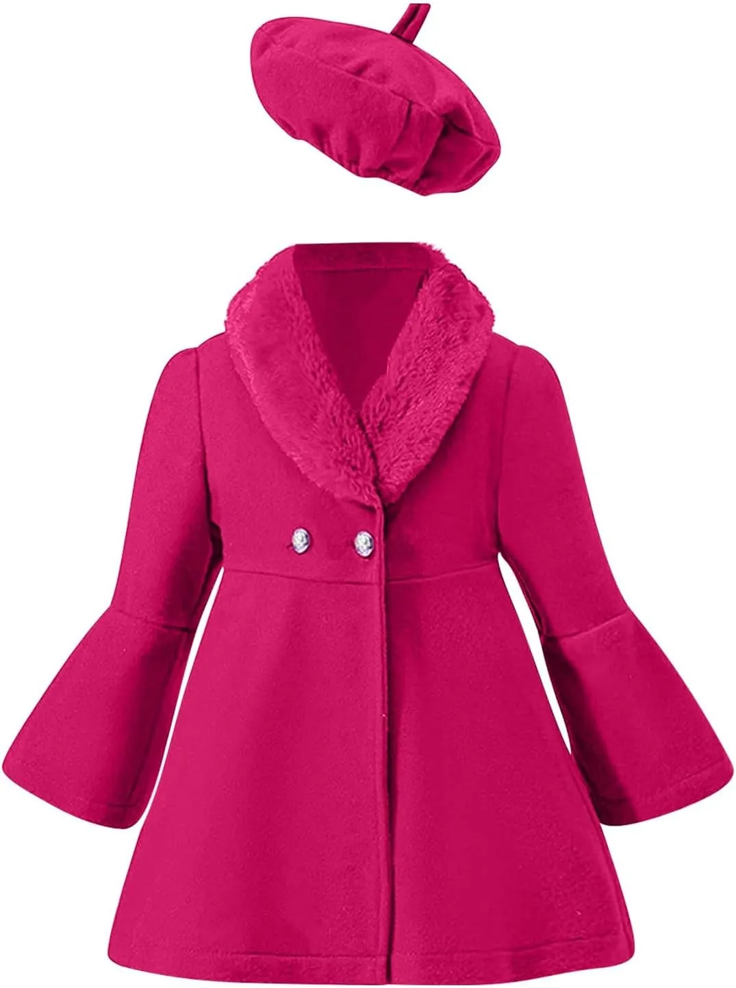 Kids Girls Trench Coat Long Sleeve Furry Collar Warm Peacoat with Beret Hat Set for Casual Wear