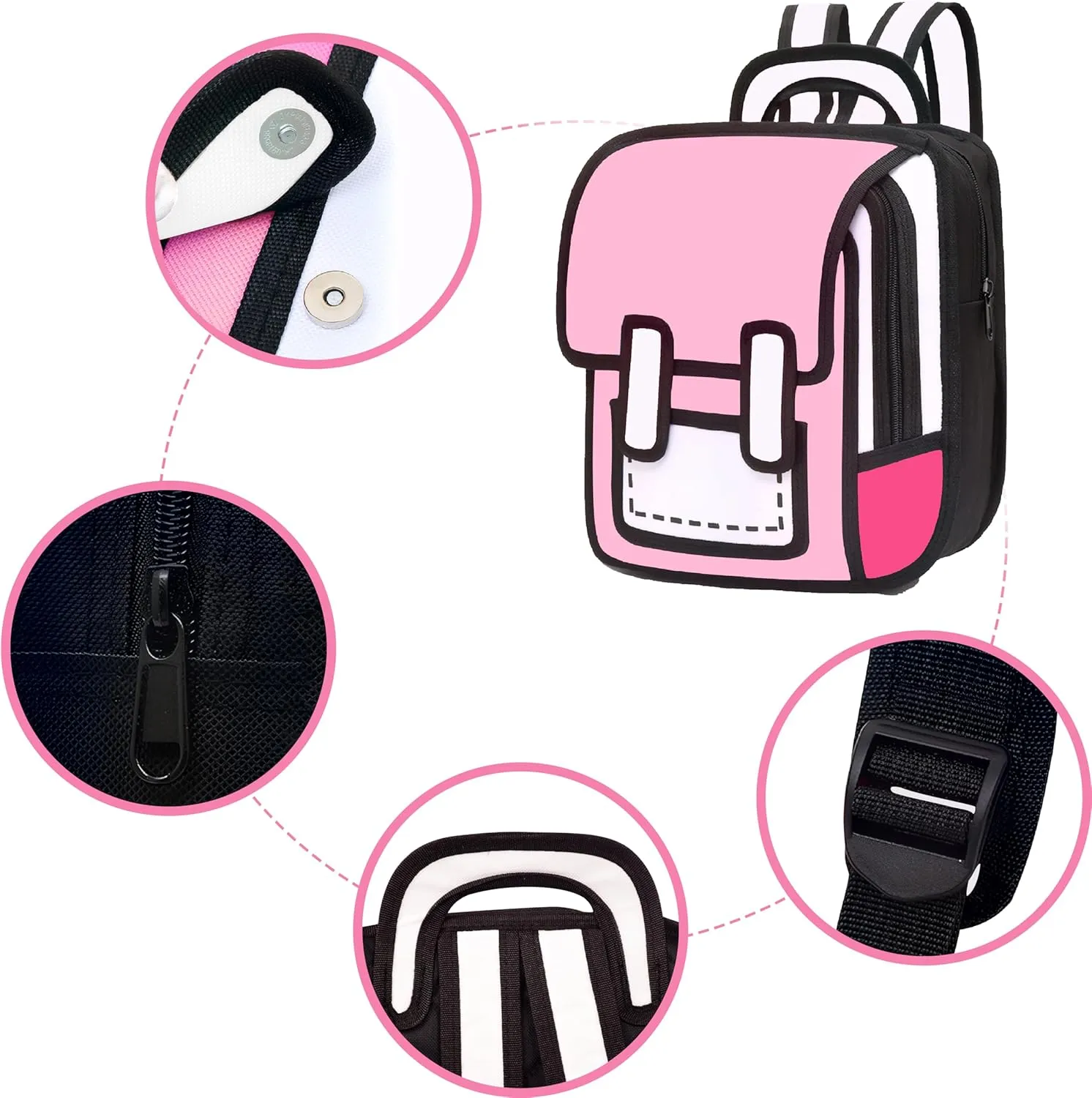 Kids Kawaii Backpack for Girls Cute Toddler 2D Cartoon Comic Paper Jump Bookbag Fun Weird School Schoolbag (Pink, Large)