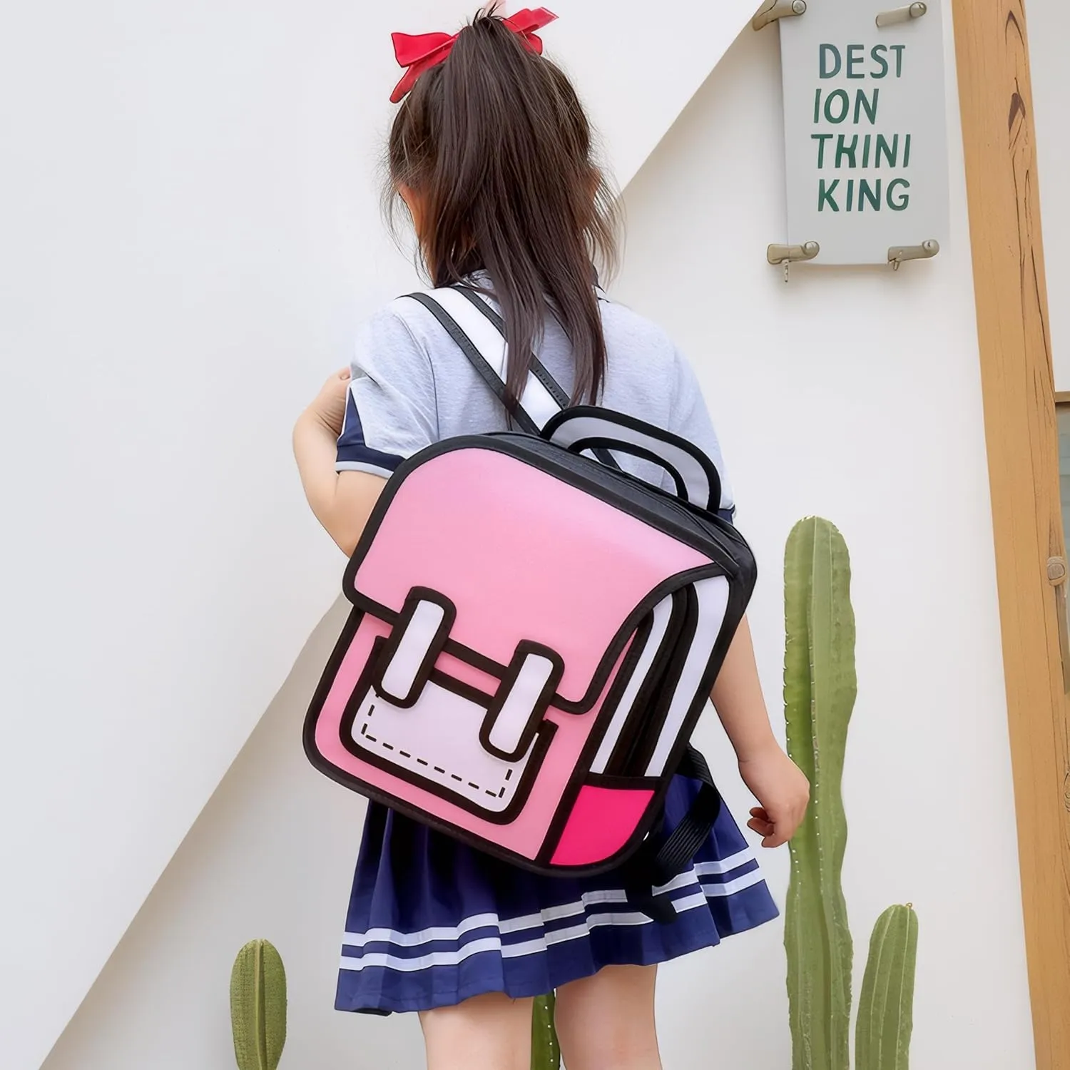 Kids Kawaii Backpack for Girls Cute Toddler 2D Cartoon Comic Paper Jump Bookbag Fun Weird School Schoolbag (Pink, Large)