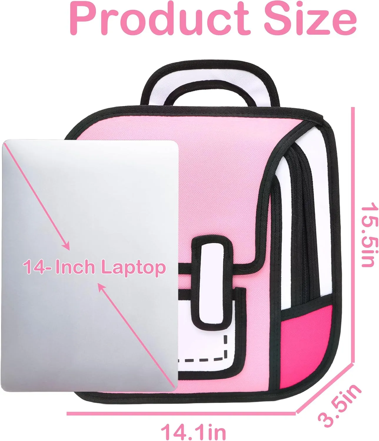 Kids Kawaii Backpack for Girls Cute Toddler 2D Cartoon Comic Paper Jump Bookbag Fun Weird School Schoolbag (Pink, Large)