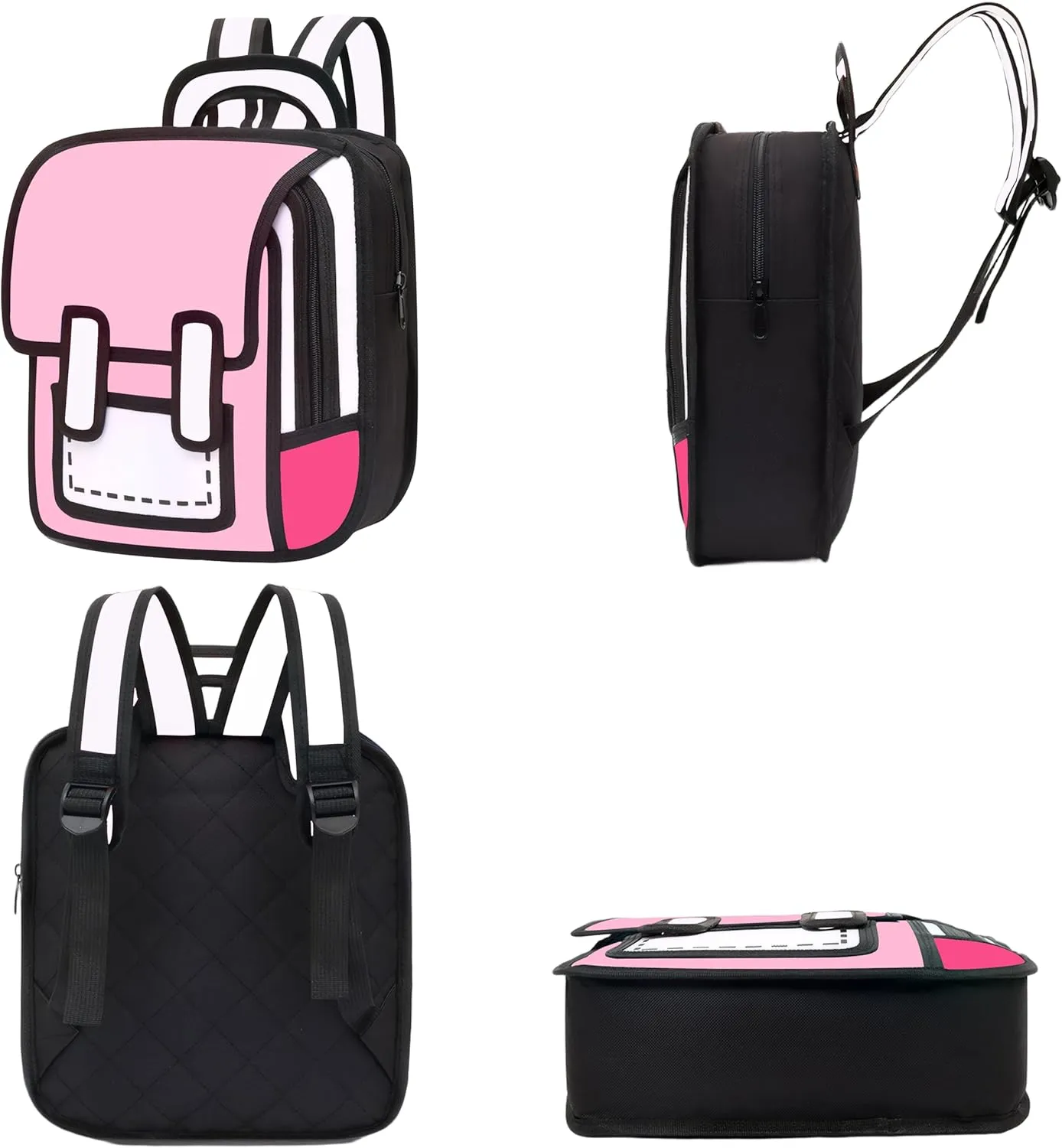 Kids Kawaii Backpack for Girls Cute Toddler 2D Cartoon Comic Paper Jump Bookbag Fun Weird School Schoolbag (Pink, Large)