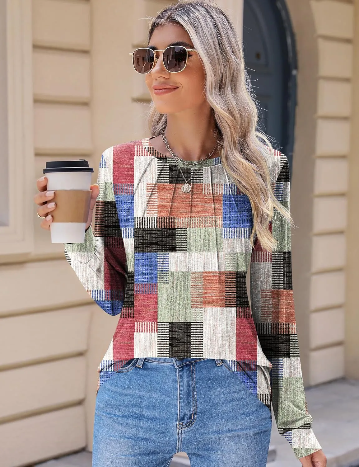 Kistore Womens Long Sleeve Tops Crew Neck Pleated Casual Dressy Blouses T Shirts Fall Clothes 2024
