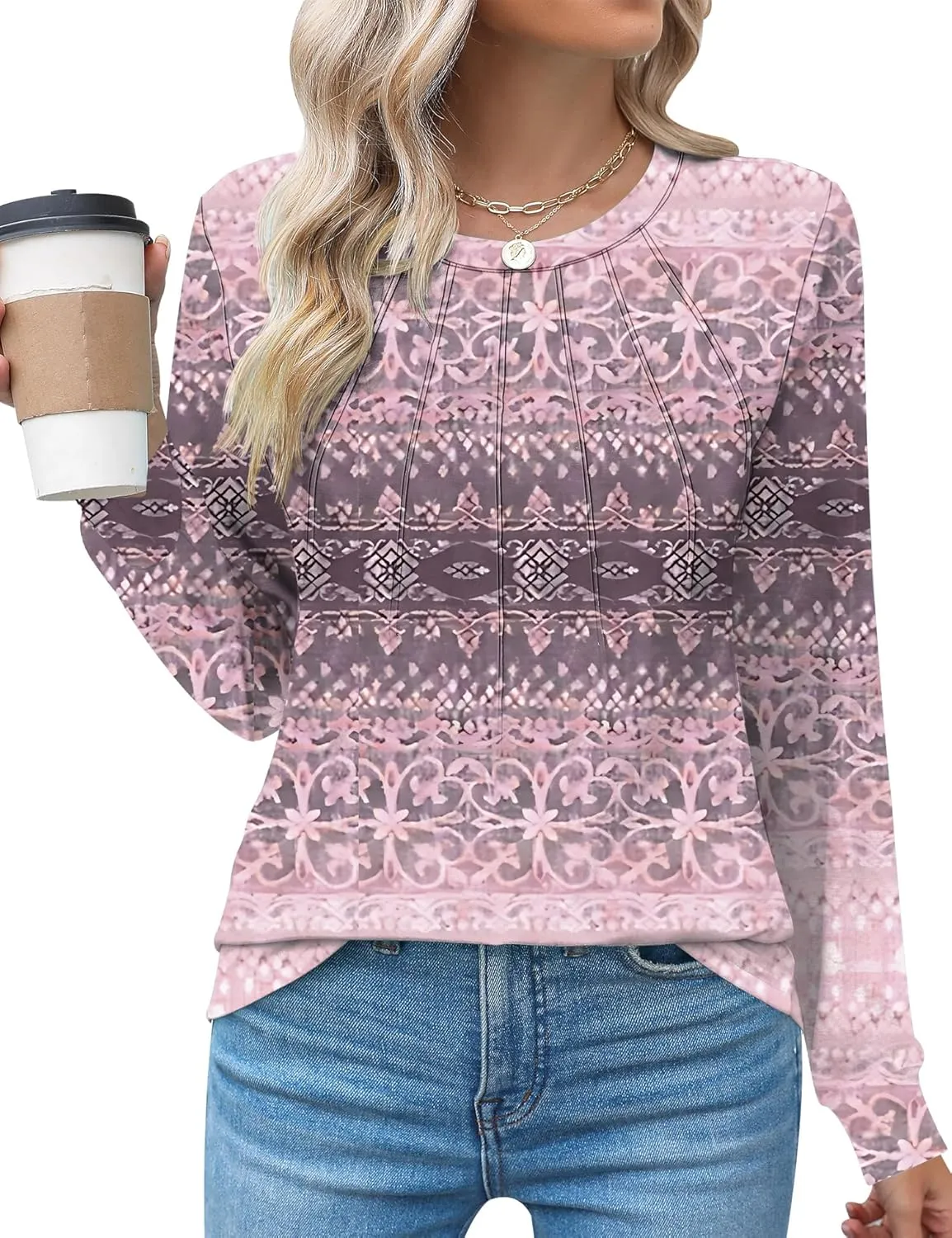 Kistore Womens Long Sleeve Tops Crew Neck Pleated Casual Dressy Blouses T Shirts Fall Clothes 2024