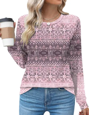 Kistore Womens Long Sleeve Tops Crew Neck Pleated Casual Dressy Blouses T Shirts Fall Clothes 2024