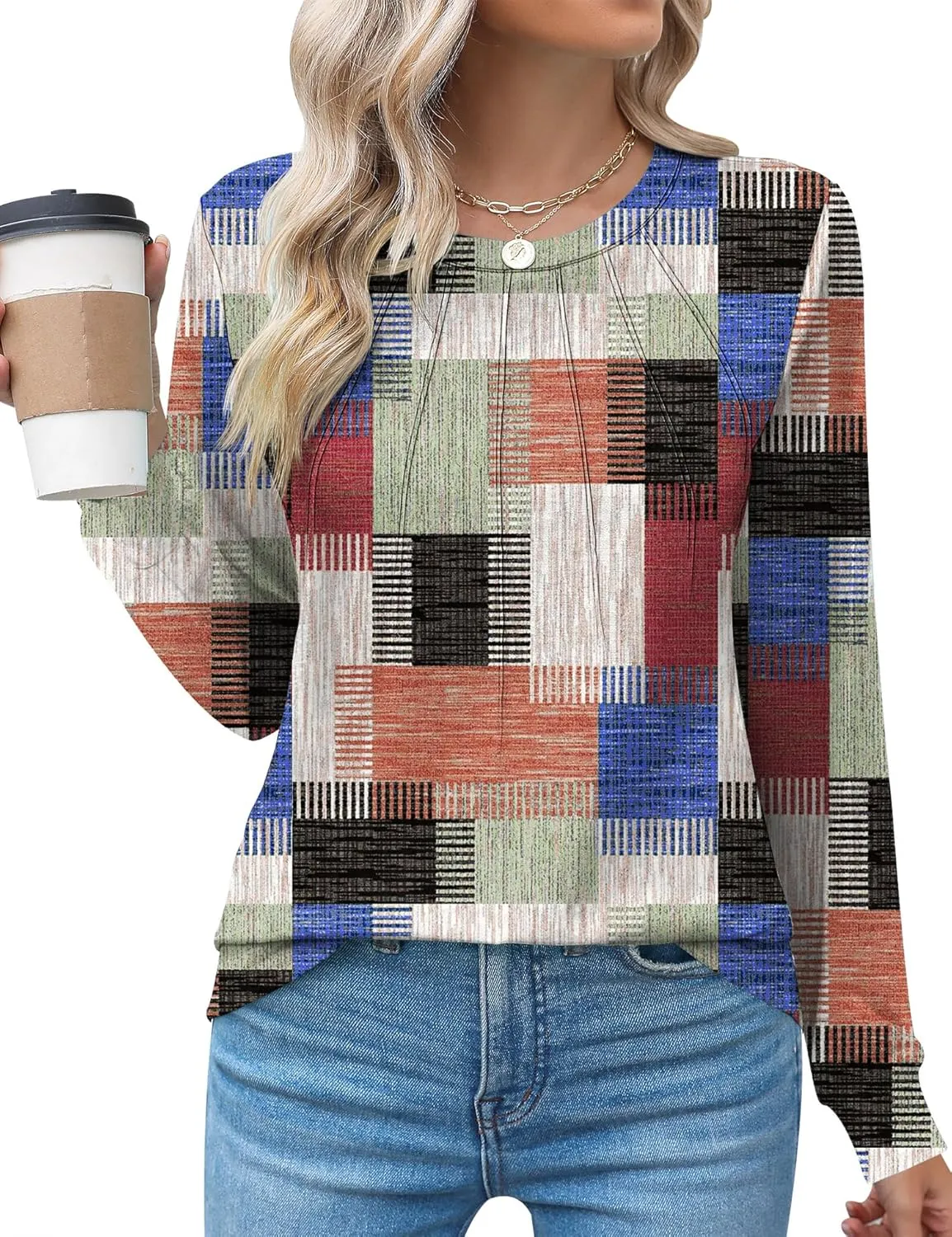 Kistore Womens Long Sleeve Tops Crew Neck Pleated Casual Dressy Blouses T Shirts Fall Clothes 2024