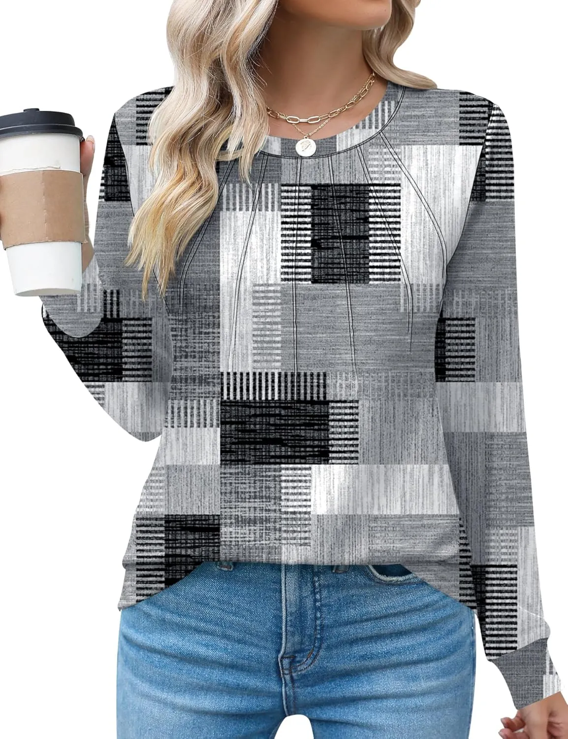 Kistore Womens Long Sleeve Tops Crew Neck Pleated Casual Dressy Blouses T Shirts Fall Clothes 2024