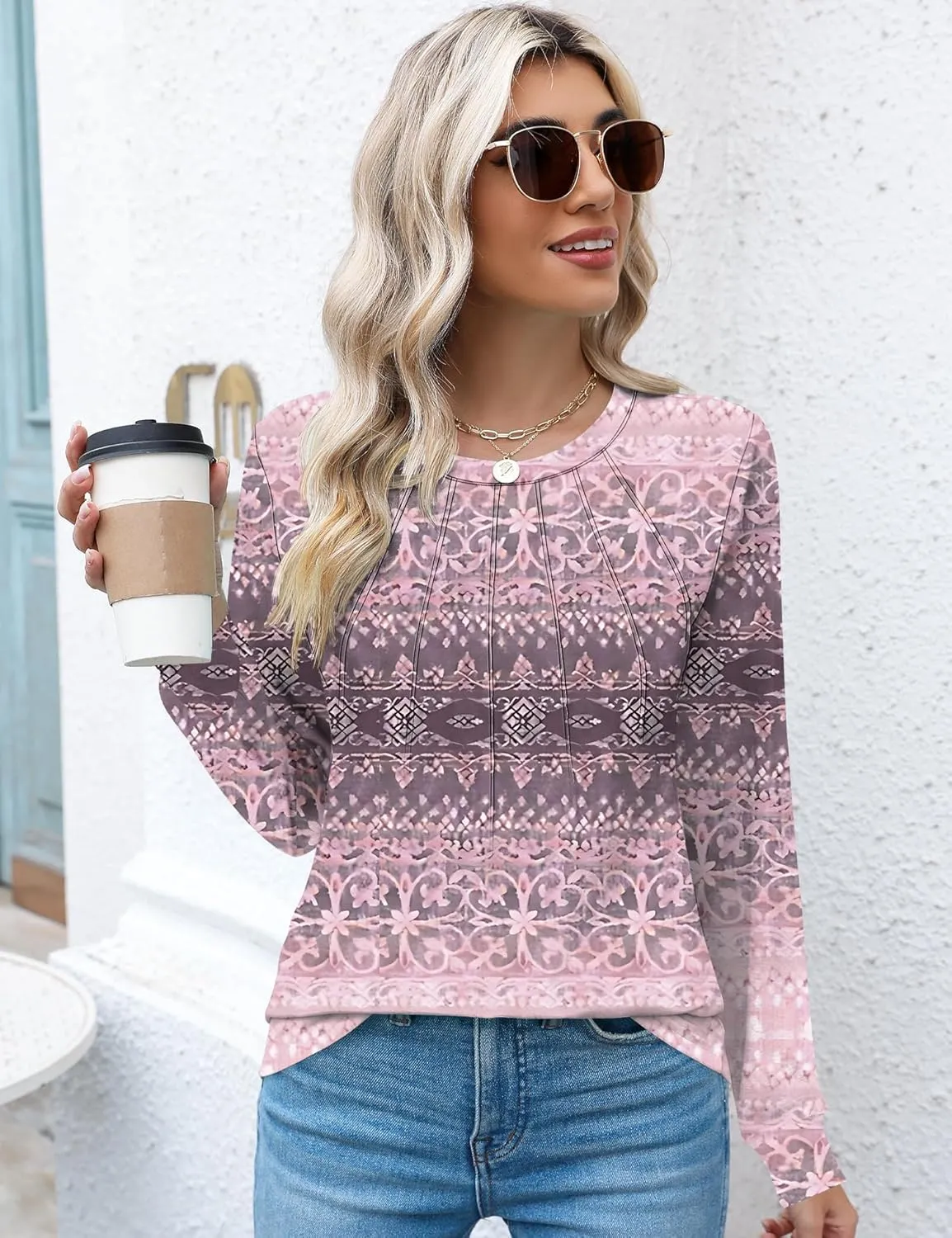 Kistore Womens Long Sleeve Tops Crew Neck Pleated Casual Dressy Blouses T Shirts Fall Clothes 2024