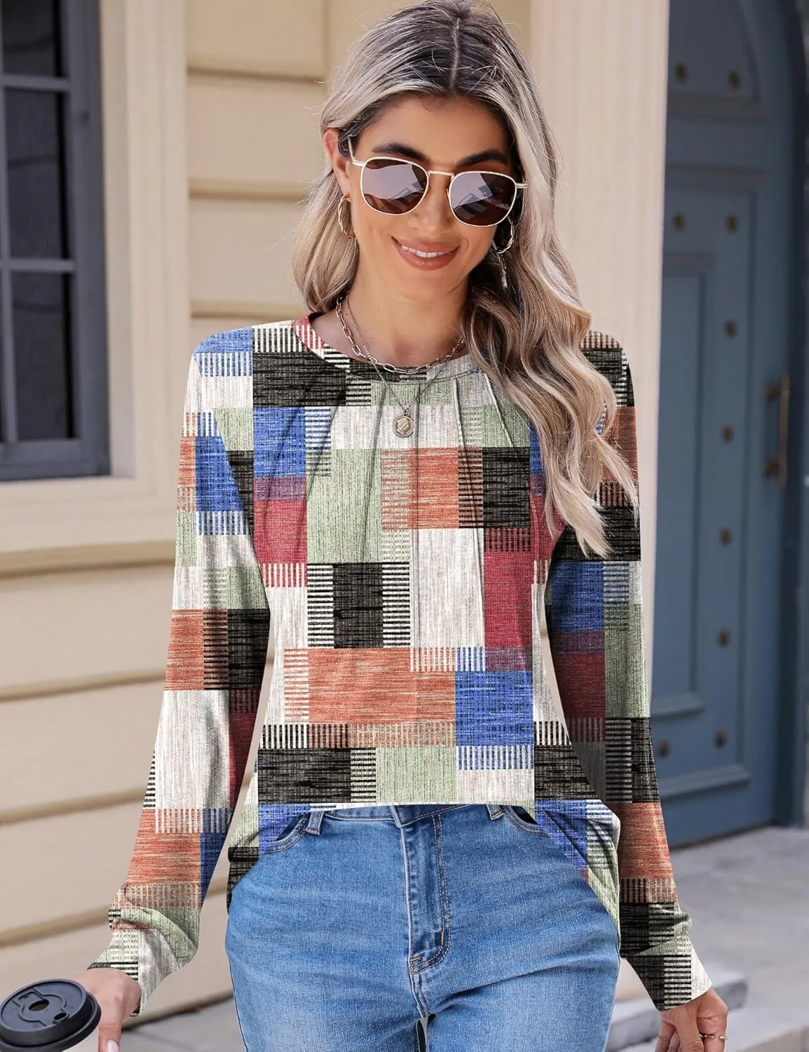 Kistore Womens Long Sleeve Tops Crew Neck Pleated Casual Dressy Blouses T Shirts Fall Clothes 2024