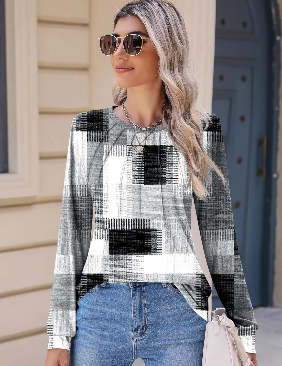 Kistore Womens Long Sleeve Tops Crew Neck Pleated Casual Dressy Blouses T Shirts Fall Clothes 2024