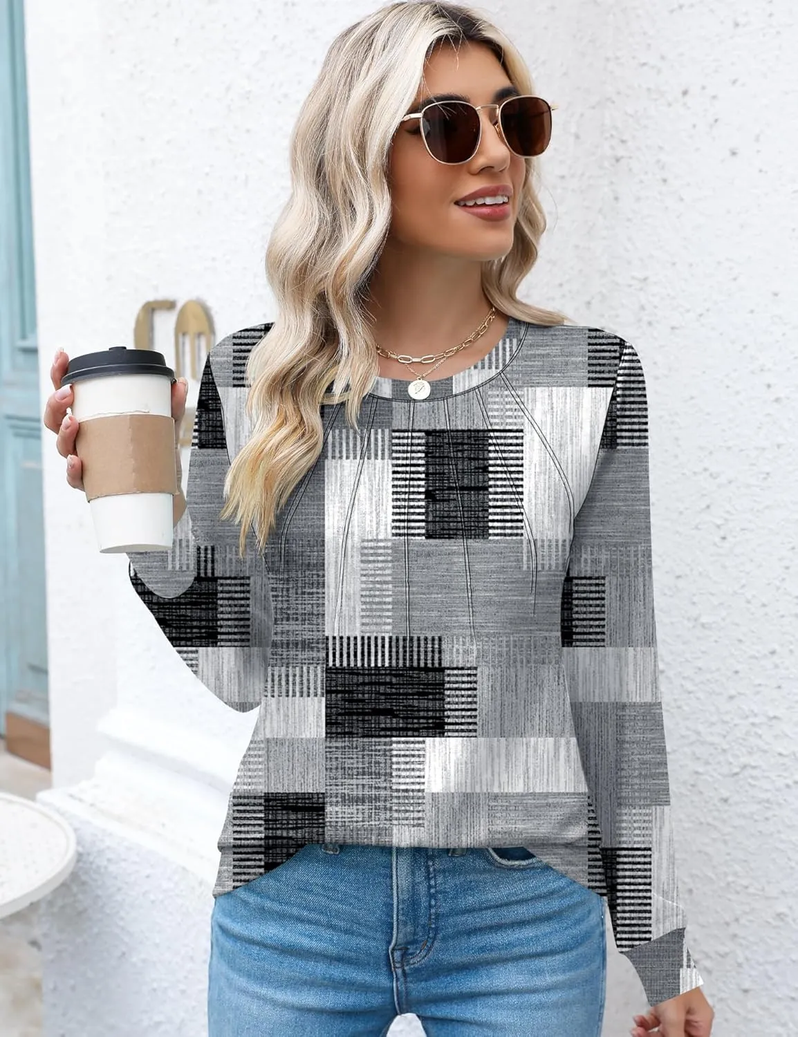 Kistore Womens Long Sleeve Tops Crew Neck Pleated Casual Dressy Blouses T Shirts Fall Clothes 2024