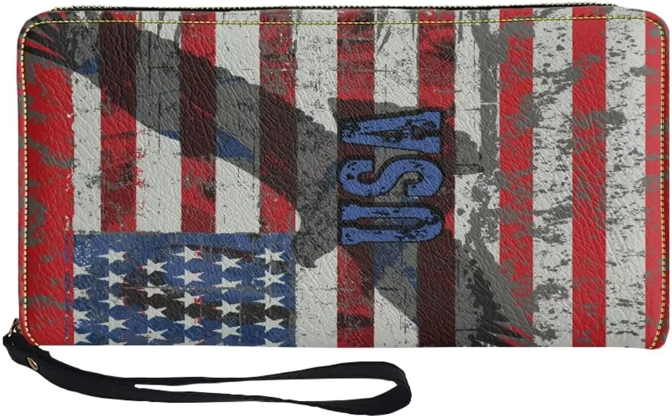 Leather Wallets for Men American Flag 2 Travel Business Handbag Party Clutch Bag Phone Holder Money Clips with Coin Pocket 4 Card Slots