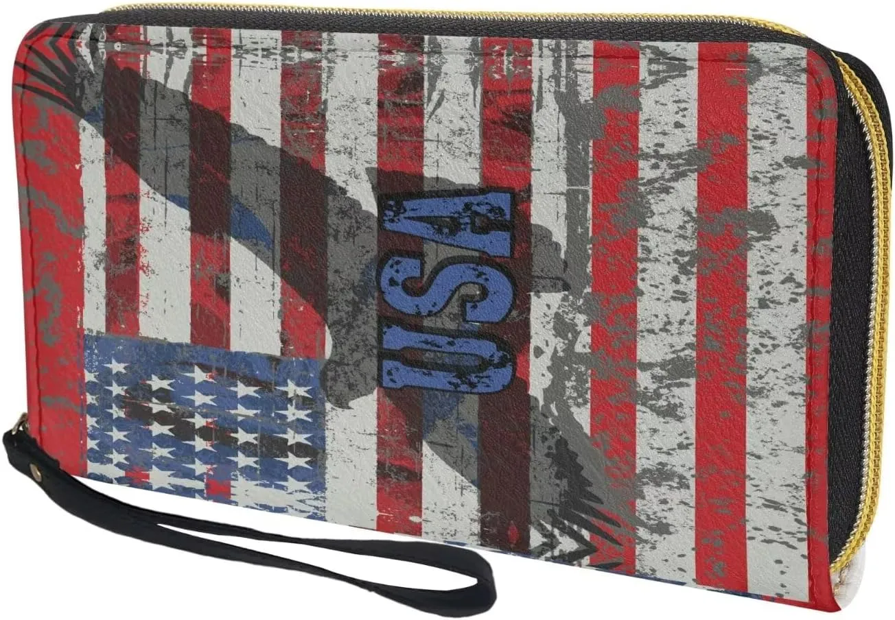 Leather Wallets for Men American Flag 2 Travel Business Handbag Party Clutch Bag Phone Holder Money Clips with Coin Pocket 4 Card Slots