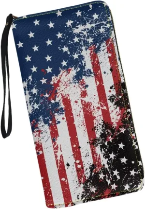 Leather Wallets with Strap White Print Purse for Men American Flag Novelty Shopping Business Travel Money Clips Long Style for Men